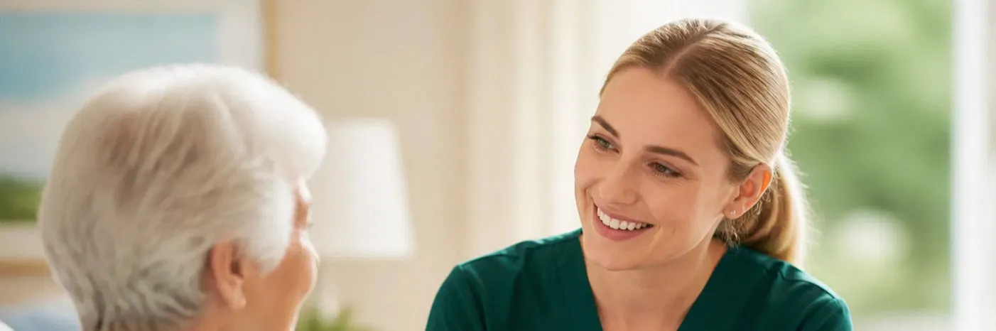 A nurse smiling warmly at an elderly client during an in-home visit