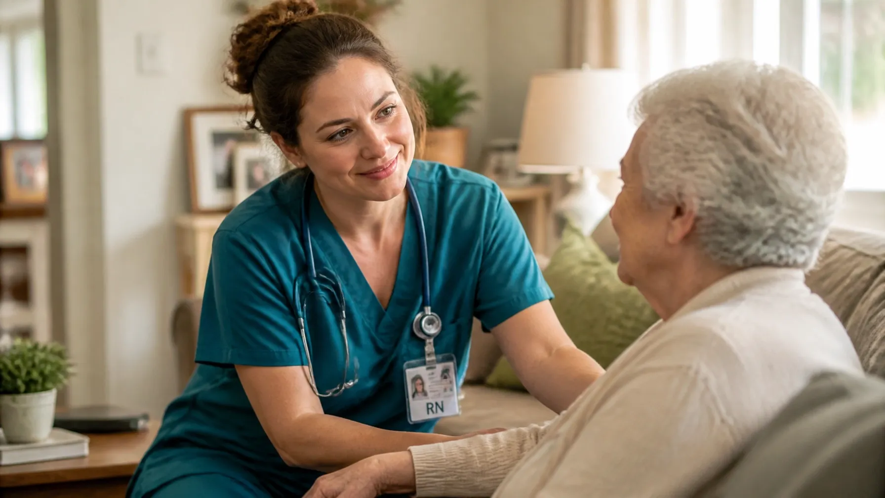 A Registered Nurse providing thoughtful care to an older client at home